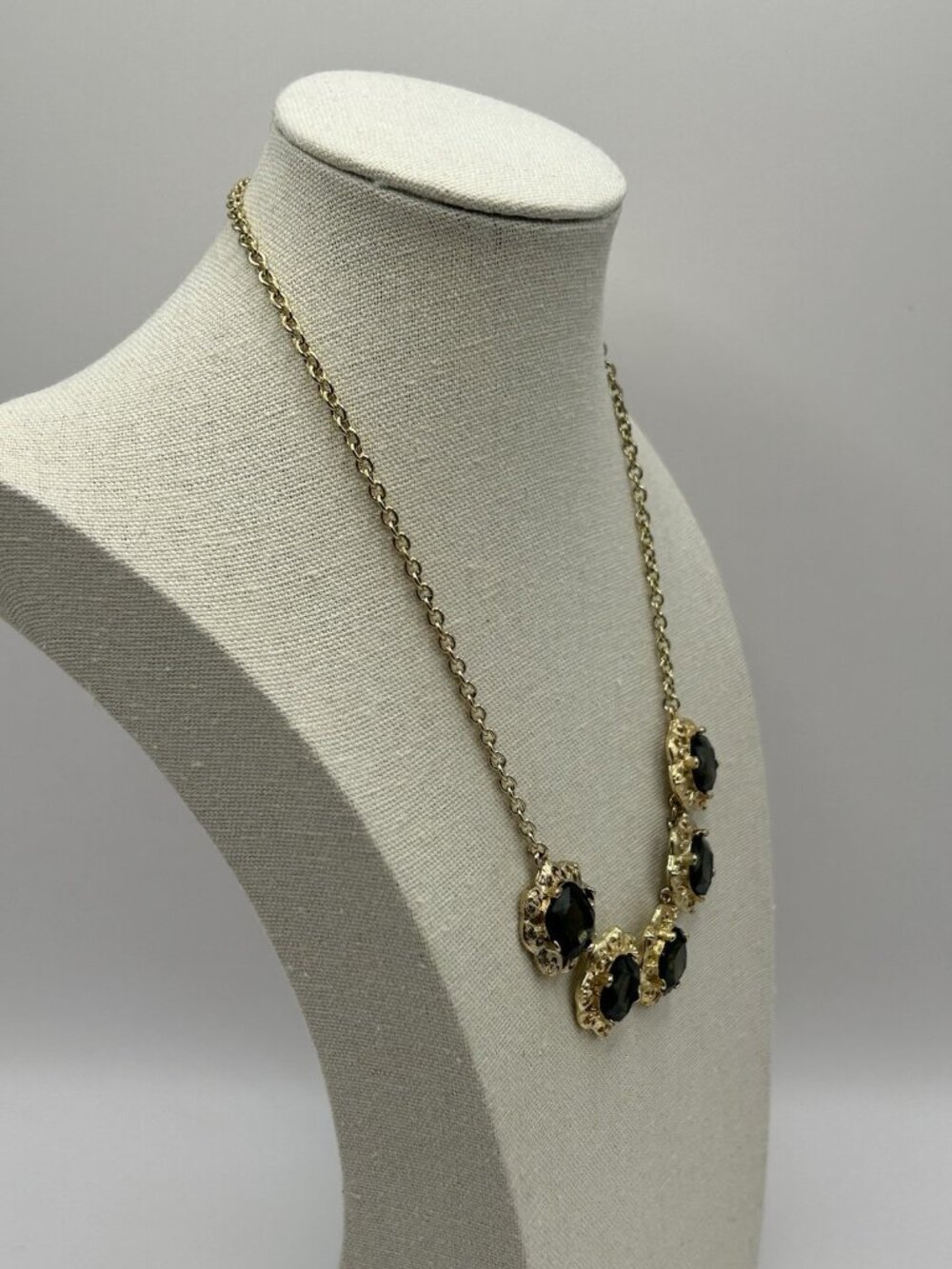 Marlyn Schiff Gold Tone Necklace Green Charcoal Rhinestones Statement Jewelry - Picture 9 of 16